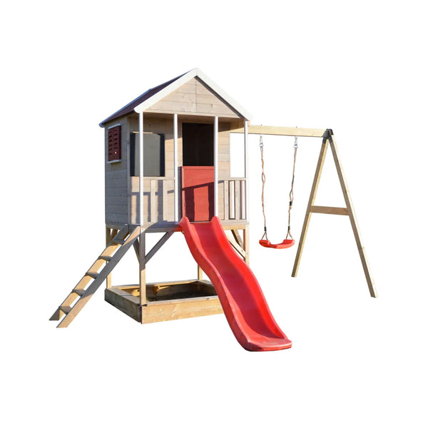 Casuta de gradina pentru copii, Summer Adventure House cu platforma, loc pentru nisip, tobogan si leagan,+3ani, Wendi Toys