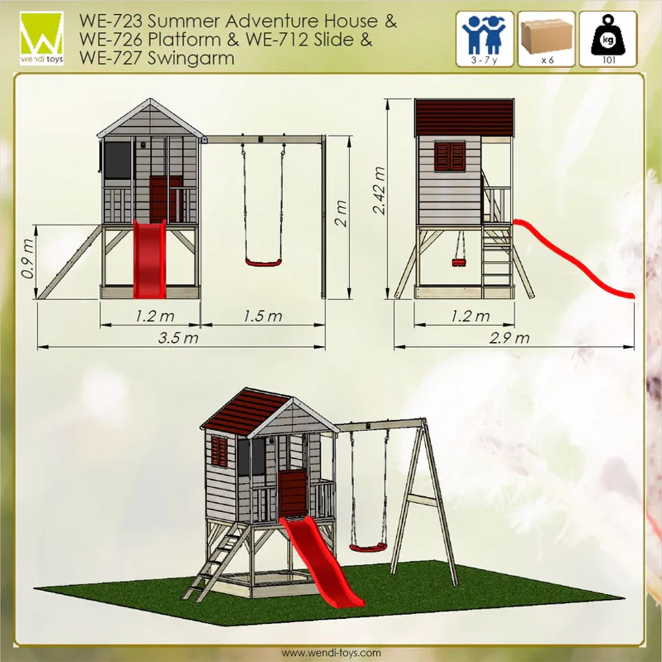 Casuta de gradina pentru copii, Summer Adventure House cu platforma, loc pentru nisip, tobogan si leagan,+3ani, Wendi Toys