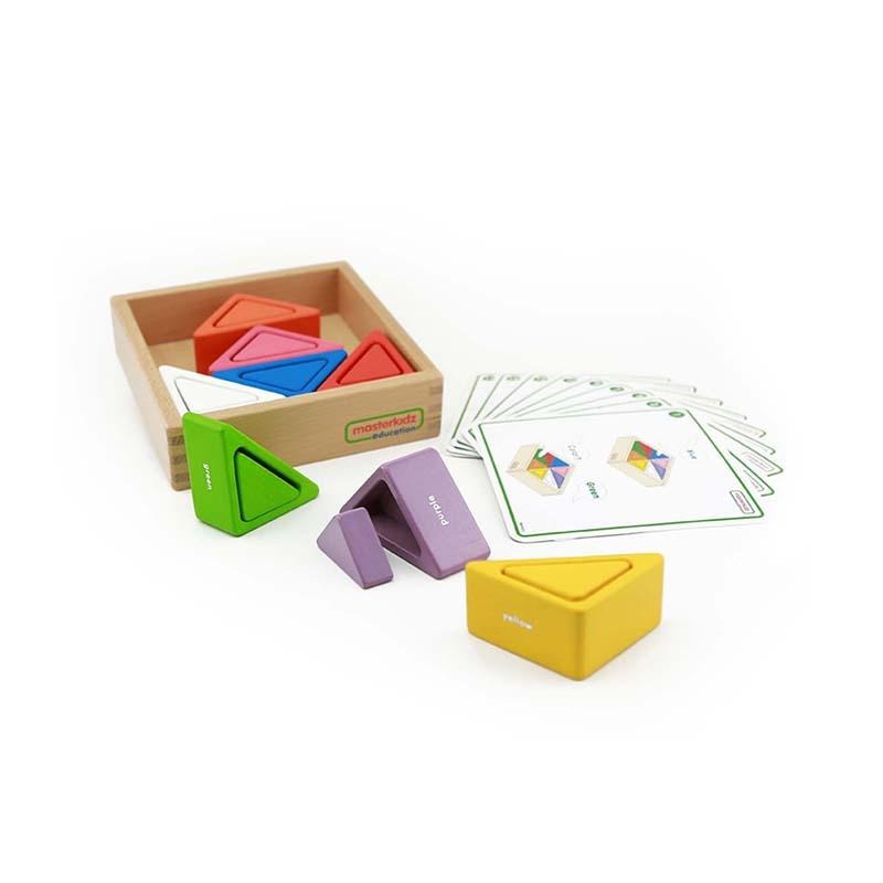 Set educativ prisme triunghiulare si triunghiuri-recipient, din lemn, +2 ani, Masterkidz