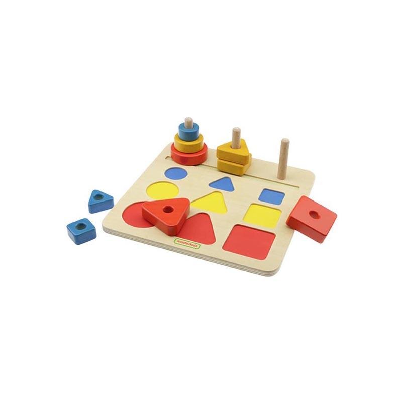 Puzzle sortator de forme geometrice dupa forma, dimensiune si culoare, din lemn, +2 ani, Masterkidz