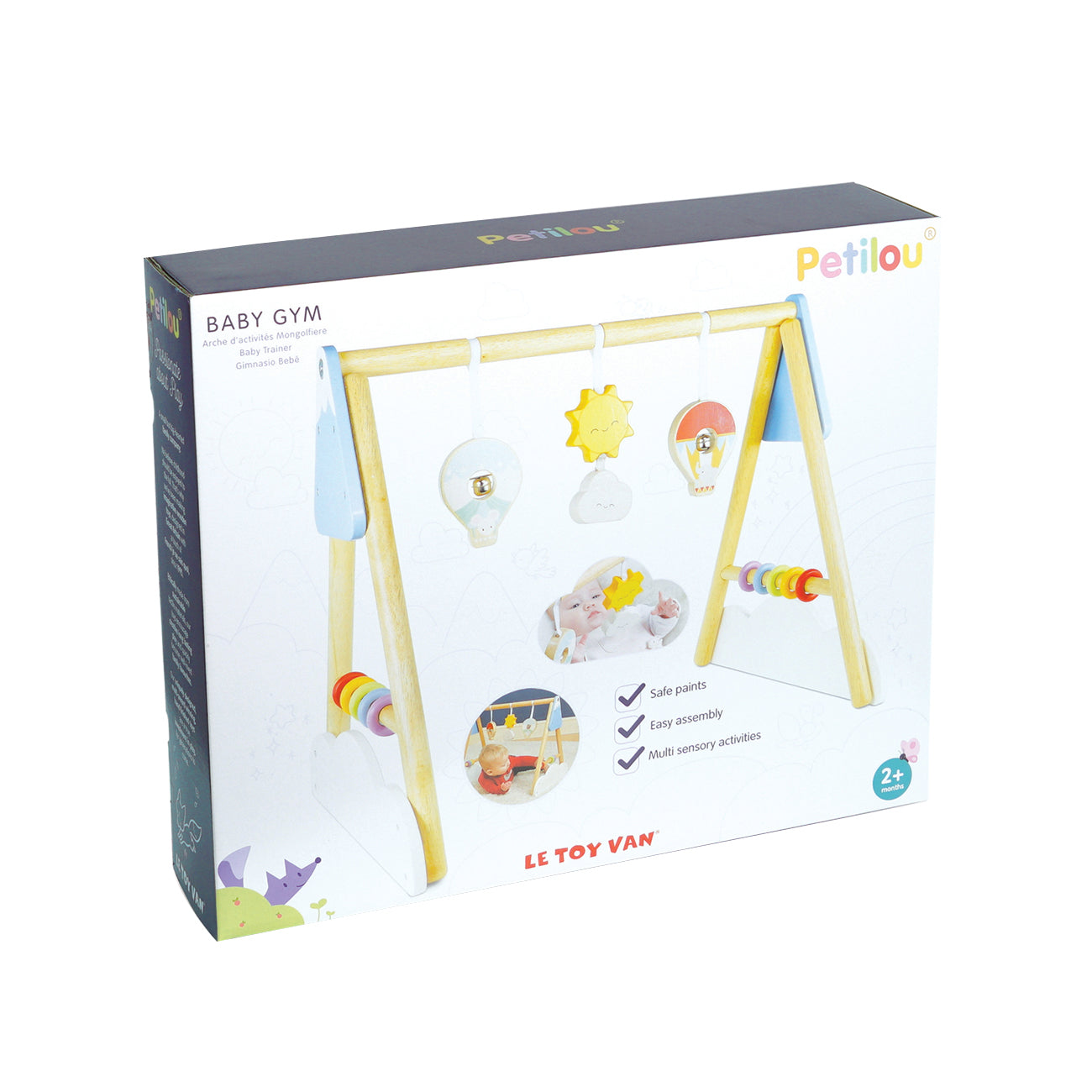 Centru de activitati pentru bebelusi Baby Gym, cu 3 jucarii colorate animale, lemn, Le toy VAN
