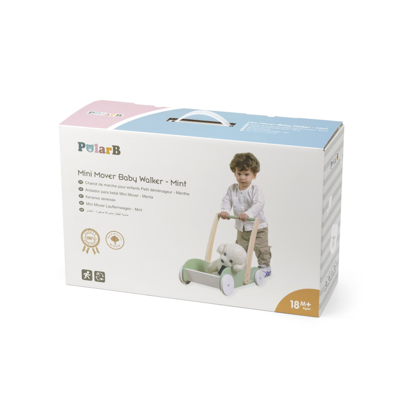 Antemergator din lemn cu carucior pentru jucarii, Verde menta,  +18 luni, PolarB, VIGA