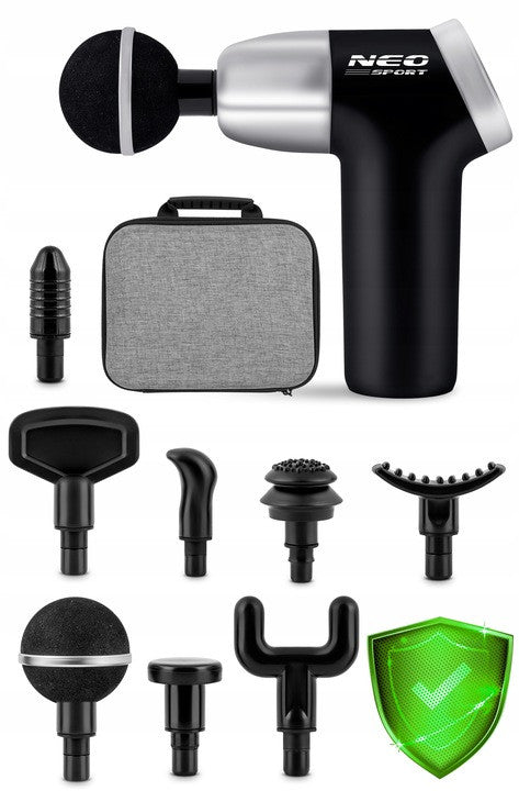 Aparat pentru masaj intens, tip pistol, 8 capete, 20 de trepte de viteze, 3200 rpm, Neo-Sport, Negru