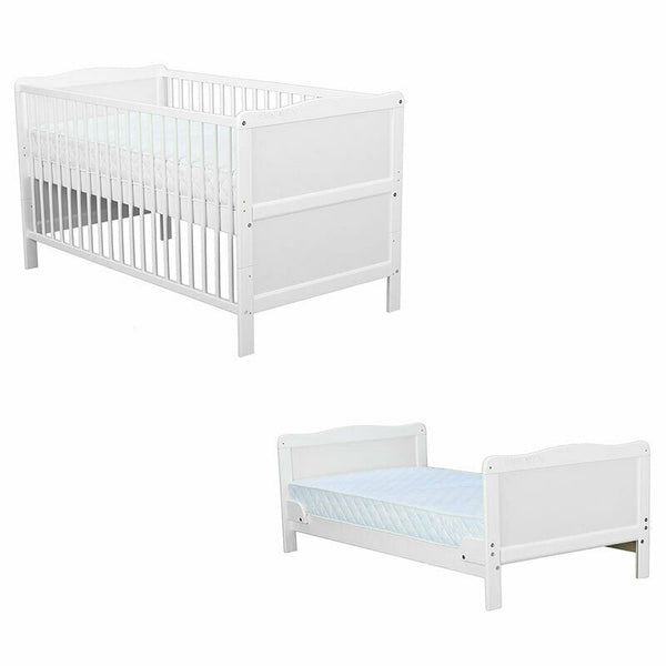 Patut Bebe, din Lemn, Nadia, Transformabil pentru Bebe si Junior, 140x70 cm, Alb + Saltea 12 cm, BabyNeeds