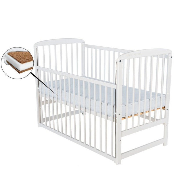 Patut Bebe, din Lemn, Ola, 120x60 cm, cu Laterala Culisanta, Alb + Saltea 10 cm, BabyNeeds
