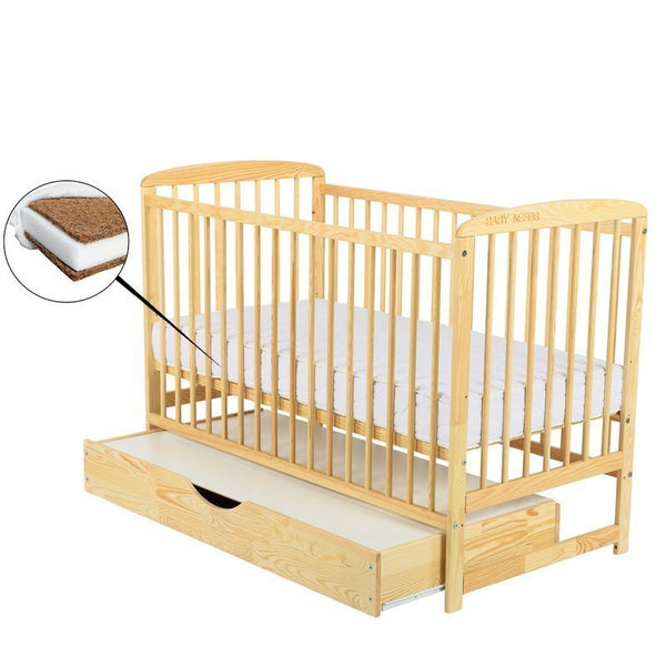 Patut Bebe din Lemn, Ola, 120x60 cm, cu Sertar, Natur + Saltea 8 cm, BabyNeeds