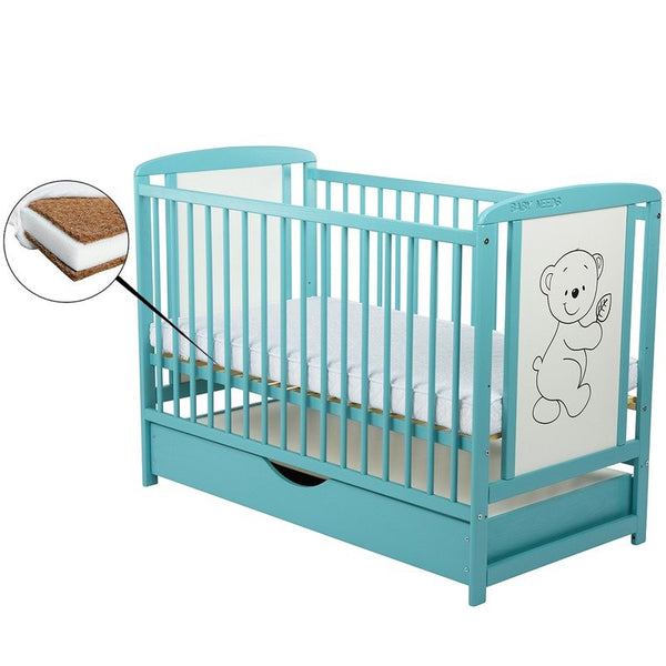 Patut Bebe din Lemn, Timmi, 120x60 cm, cu Sertar Mint + Saltea 10 cm, BabyNeeds