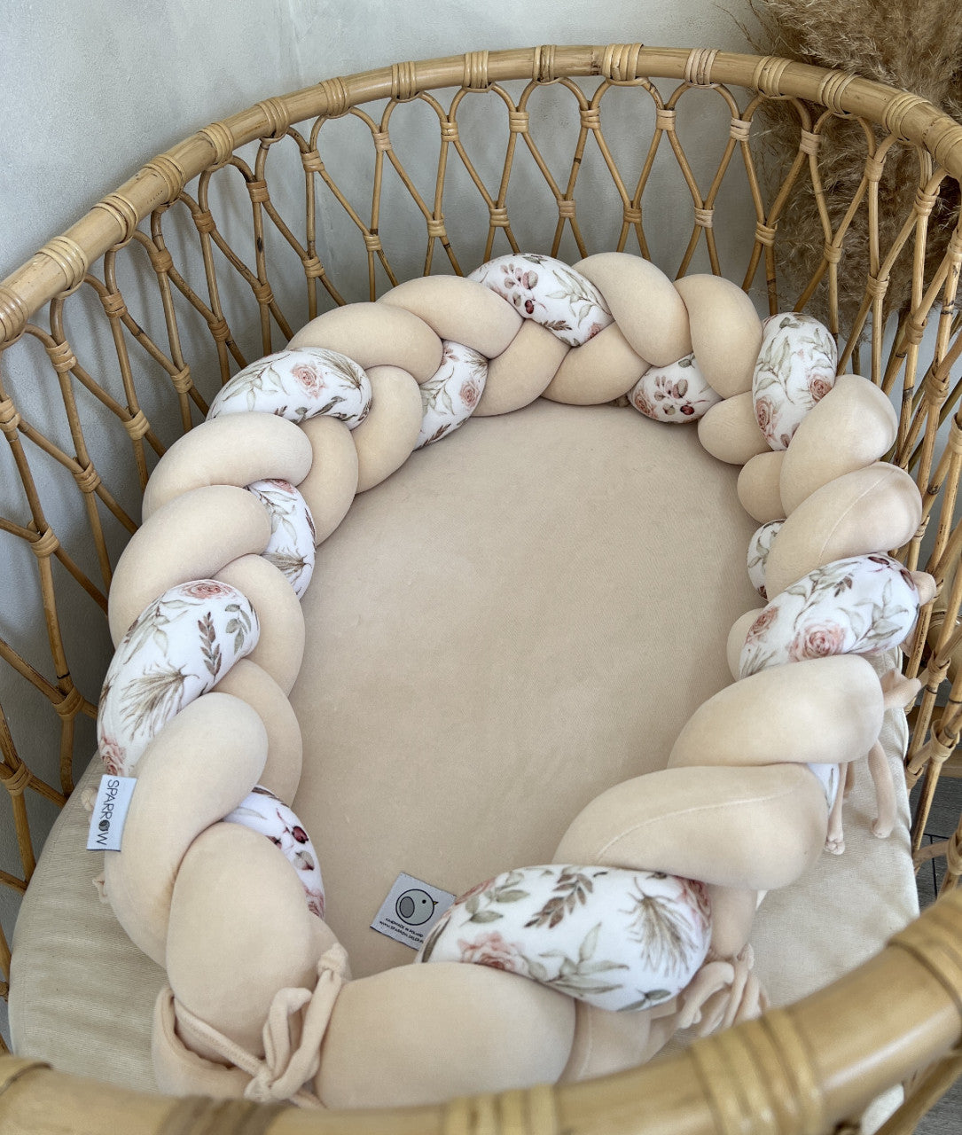Babynest 2in1 pentru copii, cu margini impletite, din bumbac catifelat Velvet, Almond Flowers, Sparrow
