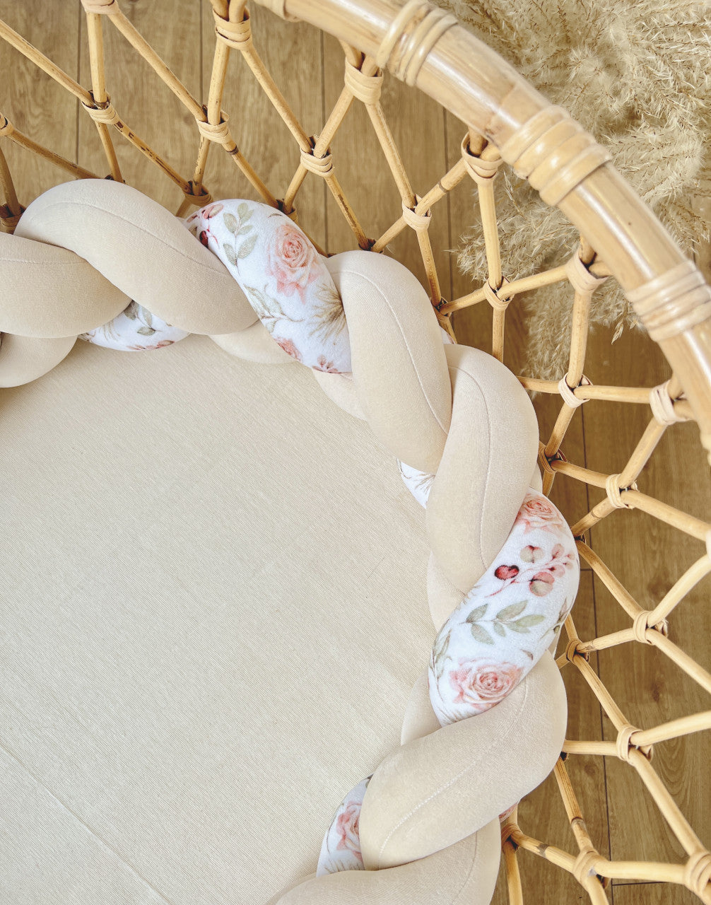Babynest 2in1 pentru copii, cu margini impletite, din bumbac catifelat Velvet, Almond Flowers, Sparrow