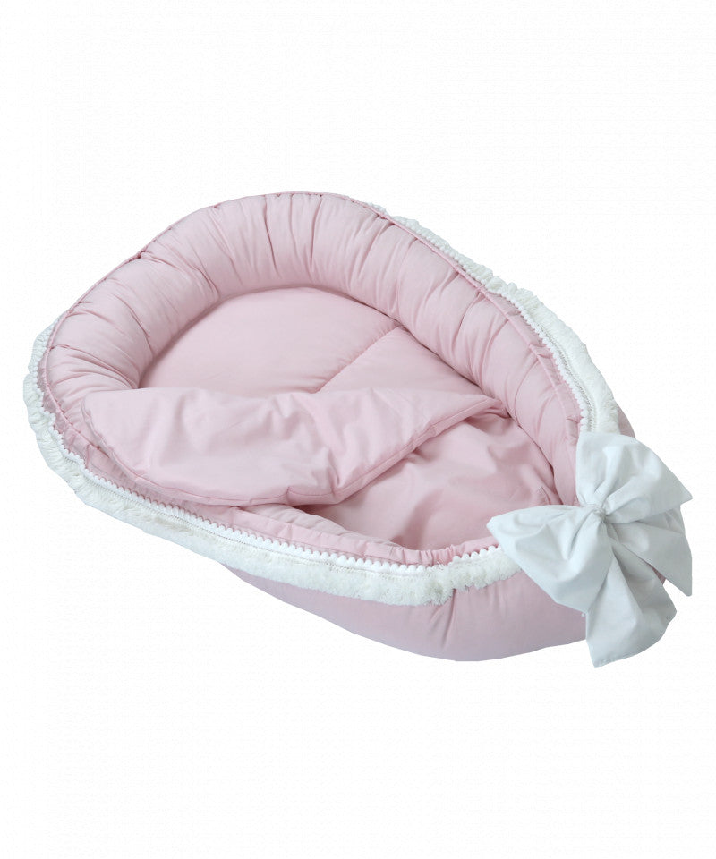 Babynest pentru copii, 86 x 50 cm, Boho, Roz, cu Ciucuri Scurti, cu Saltea suplimentara, Koell