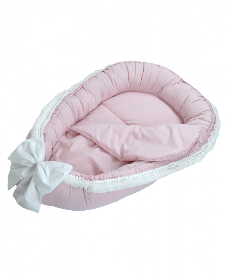 Babynest pentru copii, 86 x 50 cm, Boho, Roz, cu Ciucuri Scurti, cu Saltea suplimentara, Koell