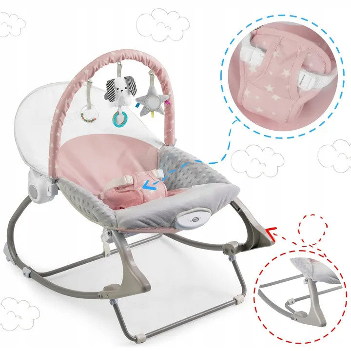 Balansoar pentru copii, cu vibratii, 2 trepte de inclinare, bara de jucarii, Nukido, Roz