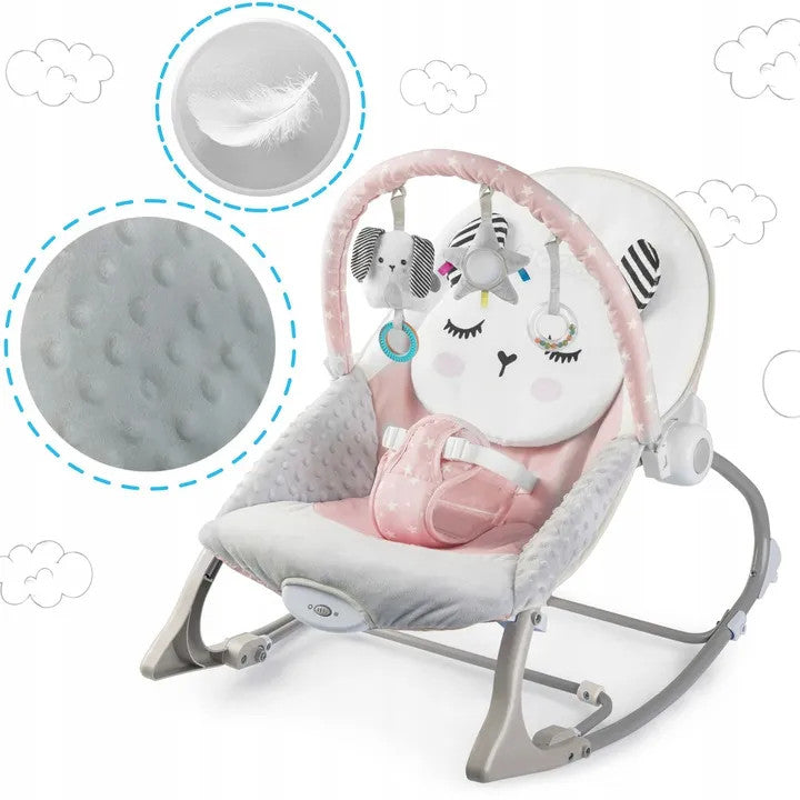 Balansoar pentru copii, cu vibratii, 2 trepte de inclinare, bara de jucarii, Nukido, Roz