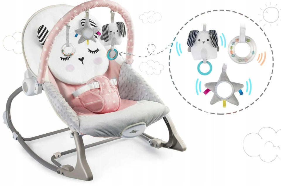 Balansoar pentru copii, cu vibratii, 2 trepte de inclinare, bara de jucarii, Nukido, Roz