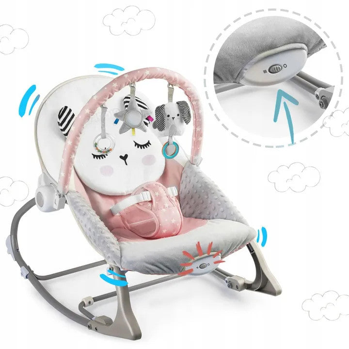 Balansoar pentru copii, cu vibratii, 2 trepte de inclinare, bara de jucarii, Nukido, Roz