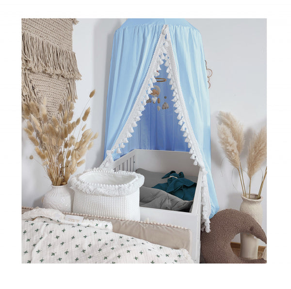 Baldachin din Bumbac Cambric cu Suport metalic de agatat de tavan, pentru patut copii / loc de joaca, Boho Maxi, Albastru, Koell