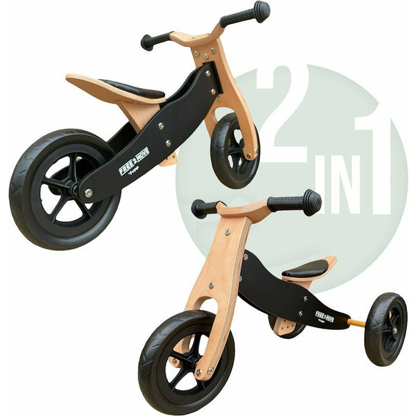 Bicicleta/tricicleta fara pedale din lemn, 2 in 1, Functie de bicicleta echilibru, Sa reglabila, Manere antiderapante, Roti ajustabile, 18 luni – 3 ani, Brown Black, Free2Move