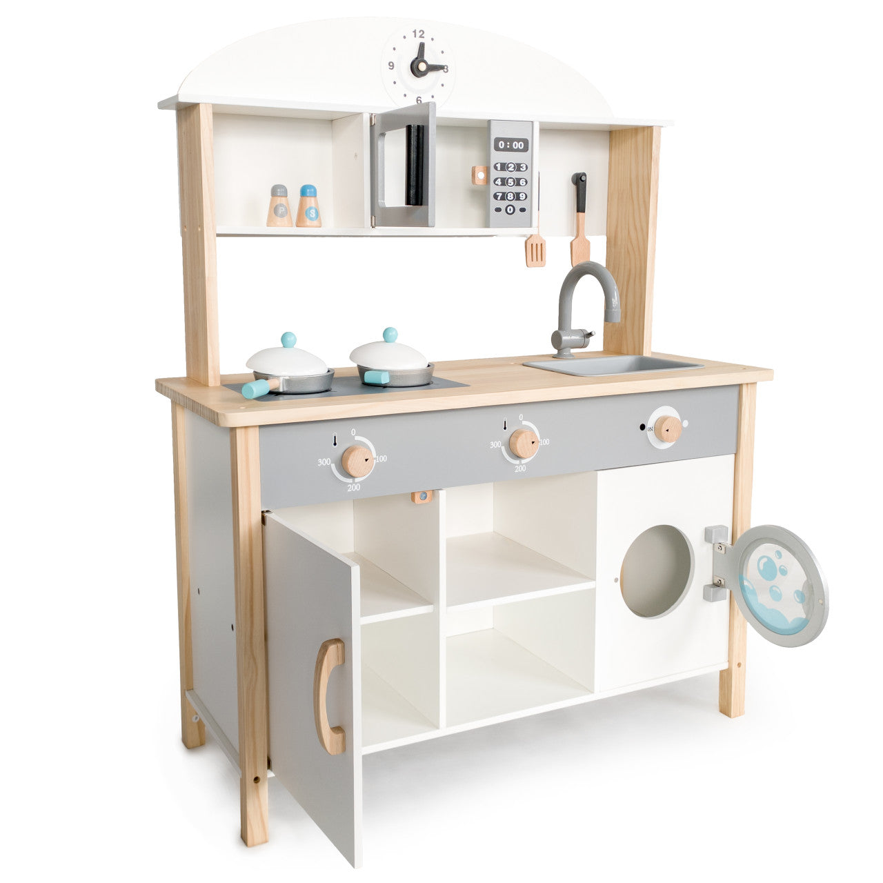 Bucatarie din lemn pentru copii, cu 8 accesorii pentru gatit, Ecotoys, TL89041
