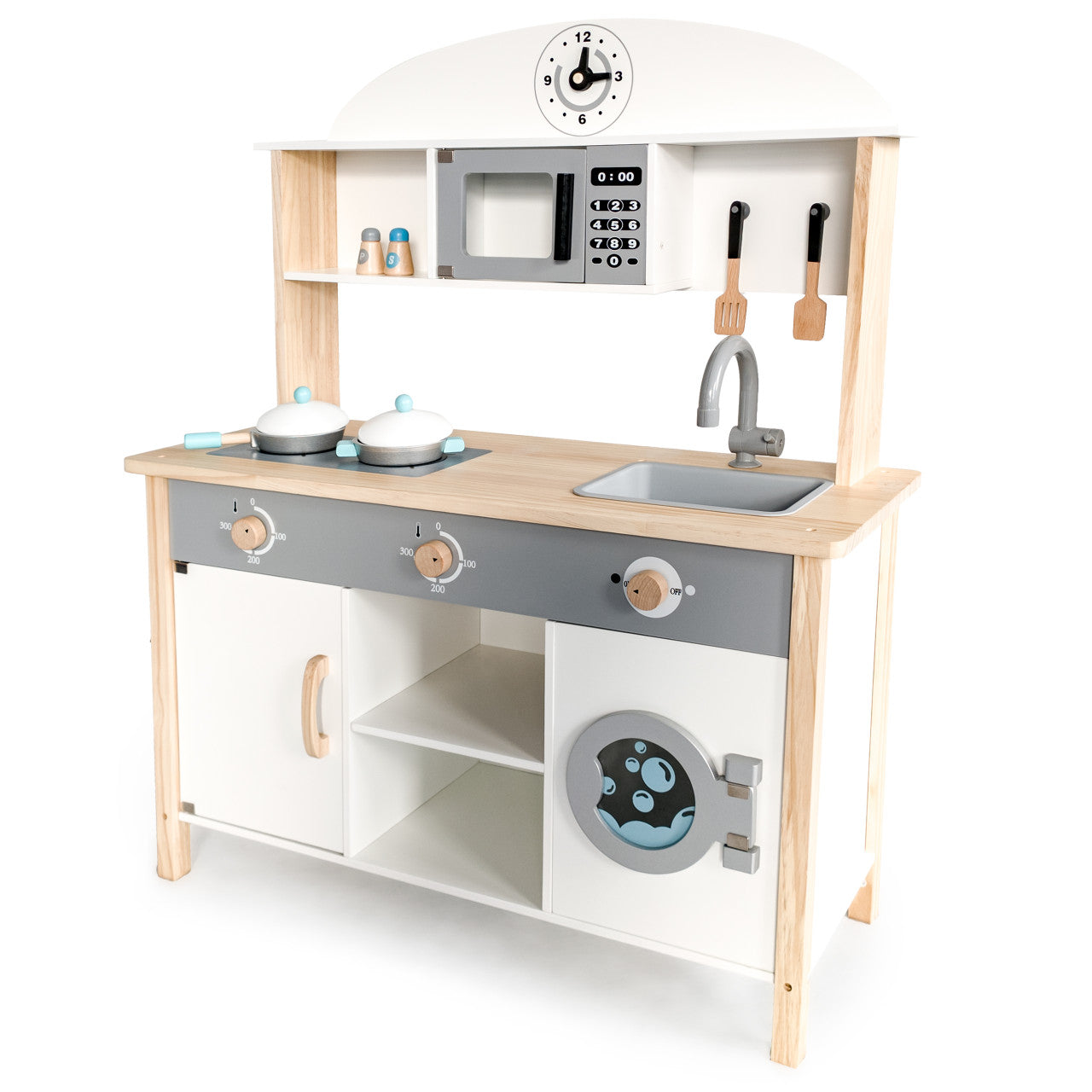 Bucatarie din lemn pentru copii, cu 8 accesorii pentru gatit, Ecotoys, TL89041