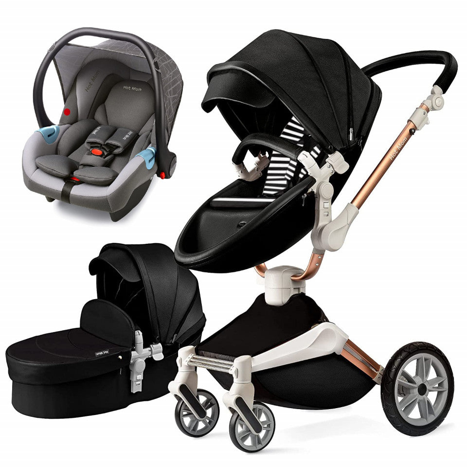 Carucior Copii Hot Mom 360 Negru 3 in 1, varsta intre 0 si 3 ani, Cadru, Landou, Modul Sport, Scoica auto si Accesorii
