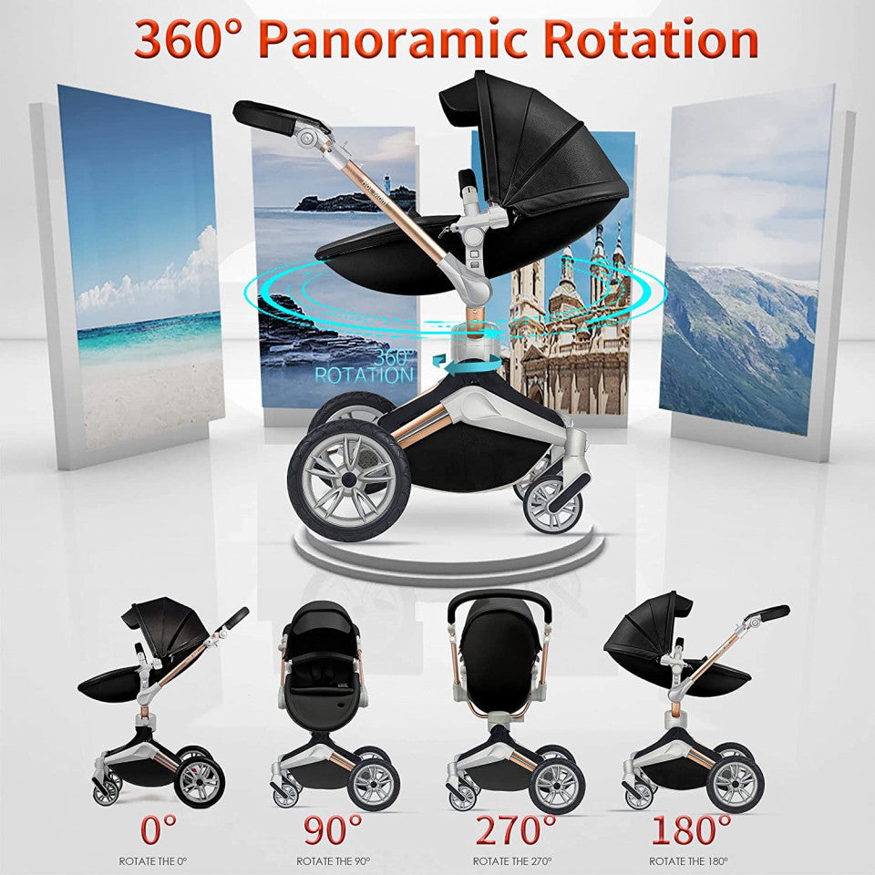 Carucior Copii Hot Mom 360 Negru 3 in 1, varsta intre 0 si 3 ani, Cadru, Landou, Modul Sport, Scoica auto si Accesorii