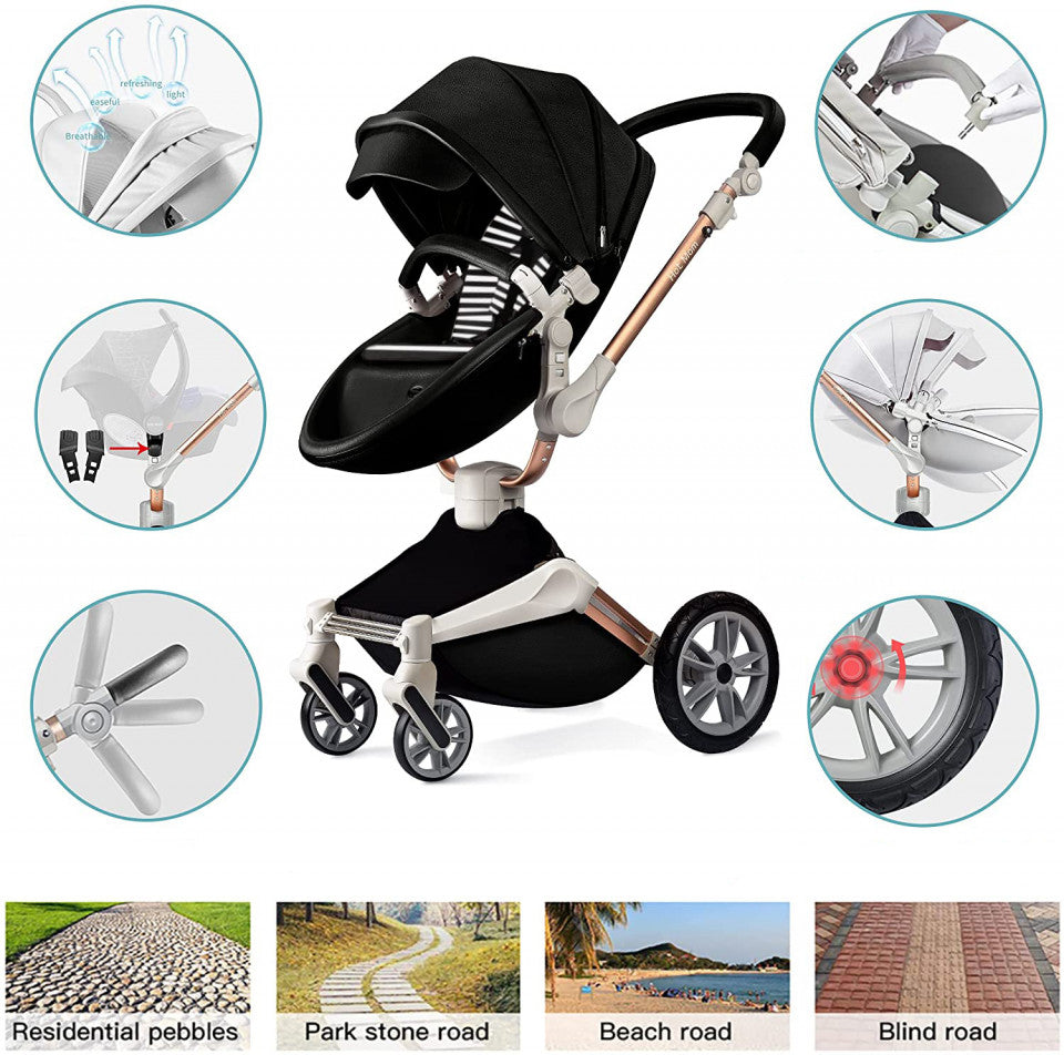 Carucior Copii Hot Mom 360 Negru 3 in 1, varsta intre 0 si 3 ani, Cadru, Landou, Modul Sport, Scoica auto si Accesorii