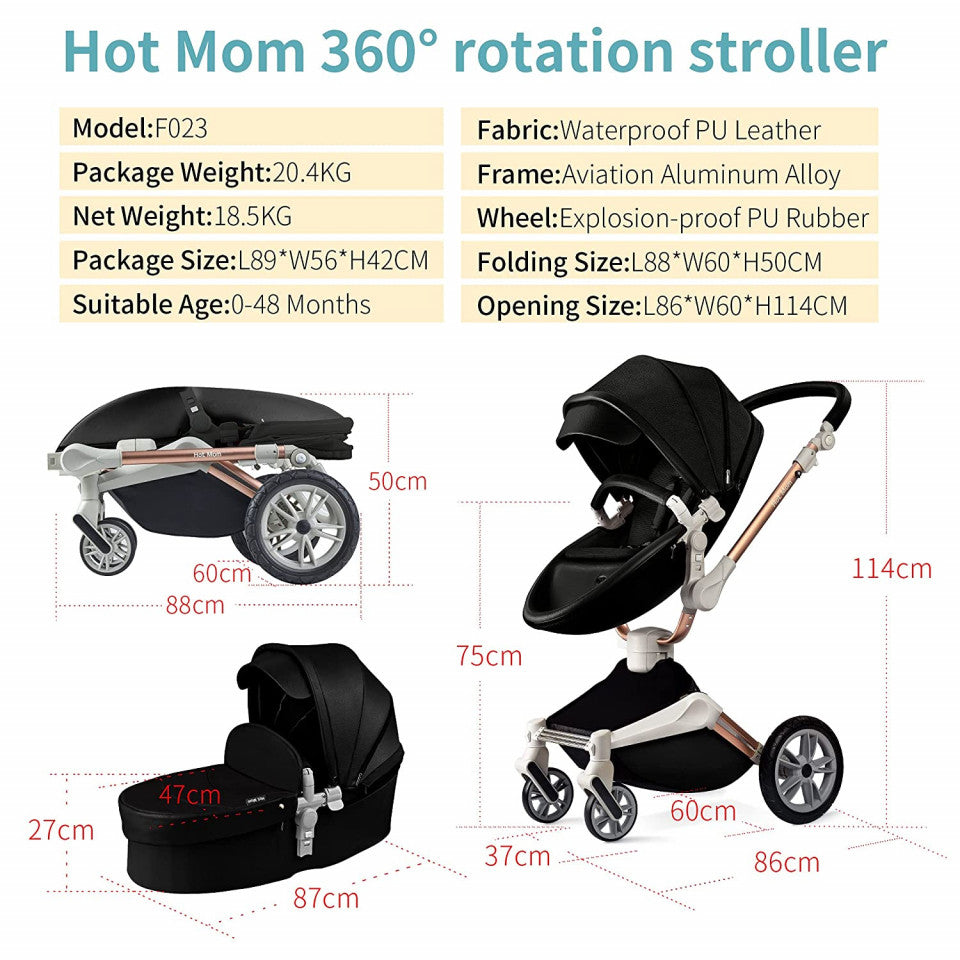 Carucior Copii Hot Mom 360 Negru 3 in 1, varsta intre 0 si 3 ani, Cadru, Landou, Modul Sport, Scoica auto si Accesorii