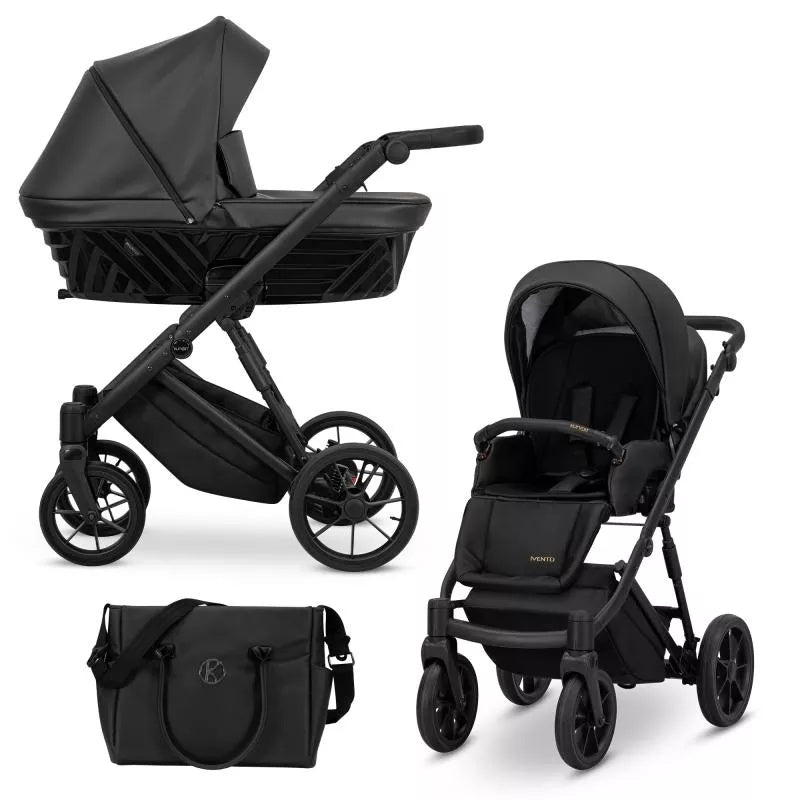 Carucior pentru copii, 2 in 1, Kunert, Ivento, cu geanta, ventilatie, suport pahar, husa pentru picioare, rucsac din piele ecologica, spatar reglabil, sezut pivotant, husa ploaie, husa tantari, Black Pearl