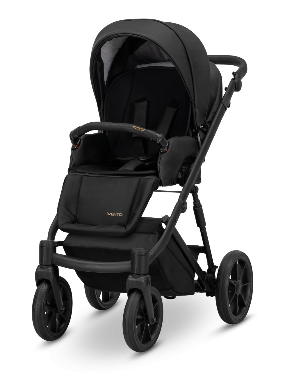 Carucior pentru copii, 2 in 1, Kunert, Ivento, cu geanta, ventilatie, suport pahar, husa pentru picioare, rucsac din piele ecologica, spatar reglabil, sezut pivotant, husa ploaie, husa tantari, Black Pearl