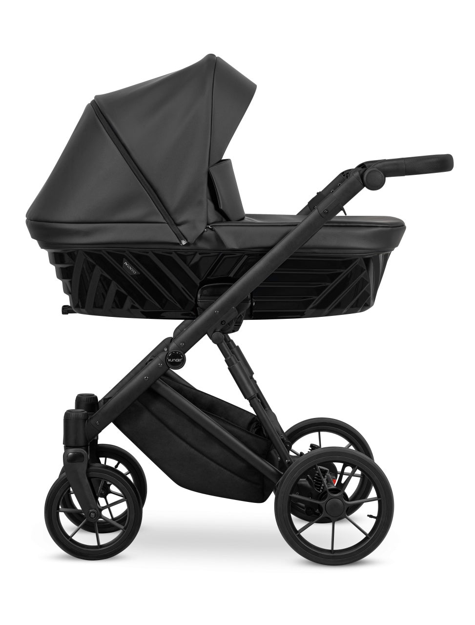 Carucior pentru copii, 2 in 1, Kunert, Ivento, cu geanta, ventilatie, suport pahar, husa pentru picioare, rucsac din piele ecologica, spatar reglabil, sezut pivotant, husa ploaie, husa tantari, Black Pearl
