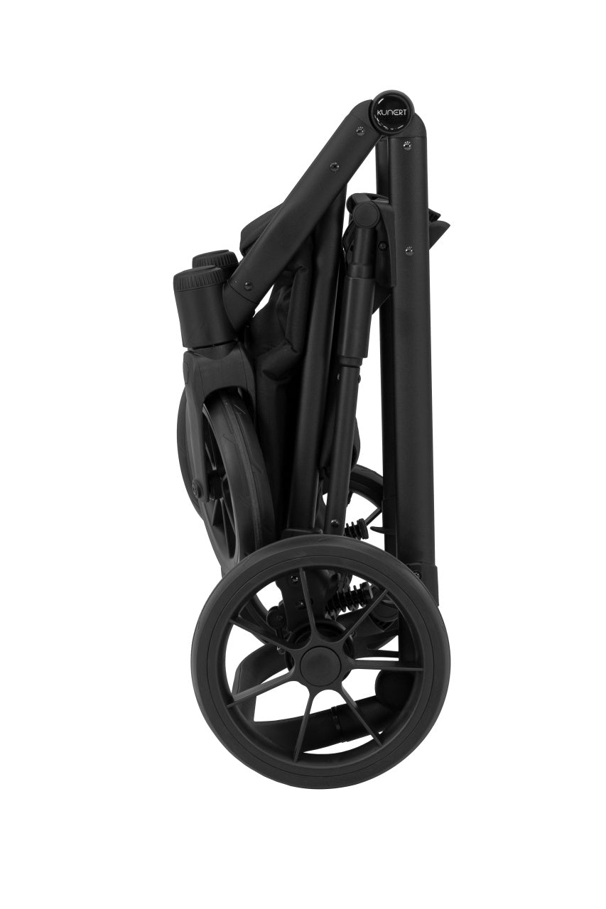 Carucior pentru copii, 2 in 1, Kunert, Ivento, cu geanta, ventilatie, suport pahar, husa pentru picioare, rucsac din piele ecologica, spatar reglabil, sezut pivotant, husa ploaie, husa tantari, Black Pearl