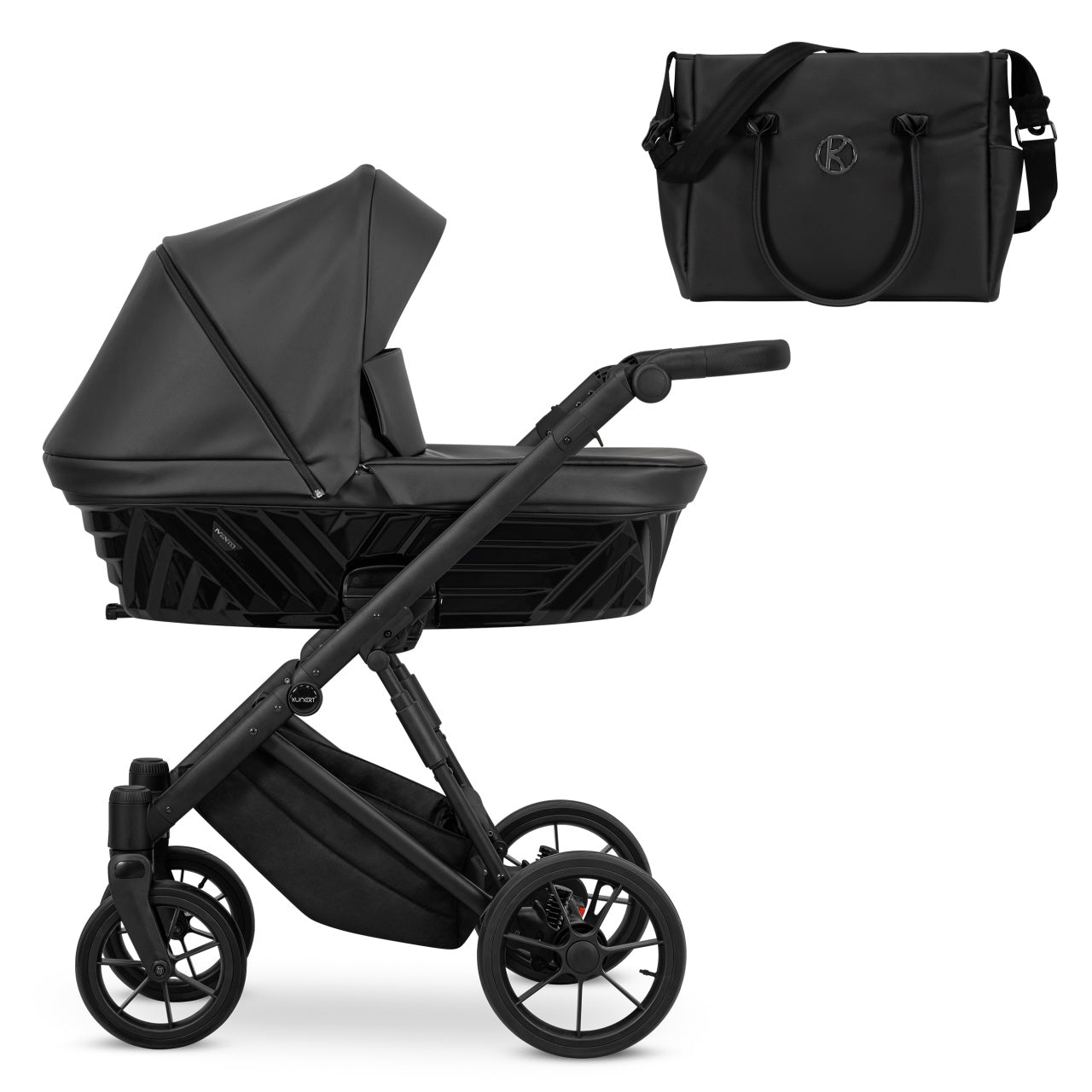 Carucior pentru copii, 2 in 1, Kunert, Ivento, cu geanta, ventilatie, suport pahar, husa pentru picioare, rucsac din piele ecologica, spatar reglabil, sezut pivotant, husa ploaie, husa tantari, Black Pearl