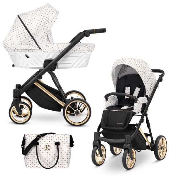 Carucior pentru copii, 2 in 1, Kunert, Ivento Premium, cadru auriu, ventilatie, suport pahar, husa pentru picioare, rucsac din piele ecologica, spatar reglabil, sezut pivotant, husa ploaie, husa tantari, White Style 01