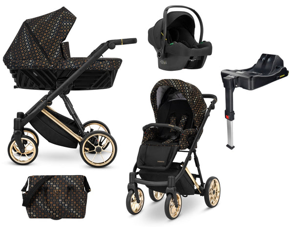 Carucior pentru copii, 4 in 1, Kunert, Ivento Premium, cadru auriu, rucsac din piele ecologica, accesorii, Black Style 01 + Scaun auto Cosmo + Adaptori + Baza isofix Dock2