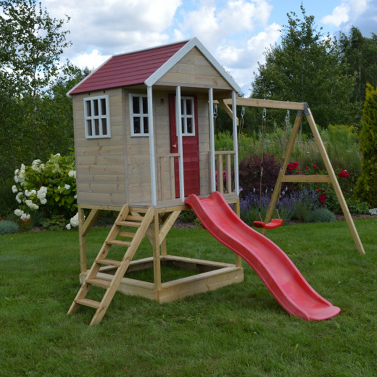 Casuta de gradina pentru copii, Nordic Adventure House cu platforma, loc pentru nisip, tobogan si leagan dublu, +3ani, Wendi Toys