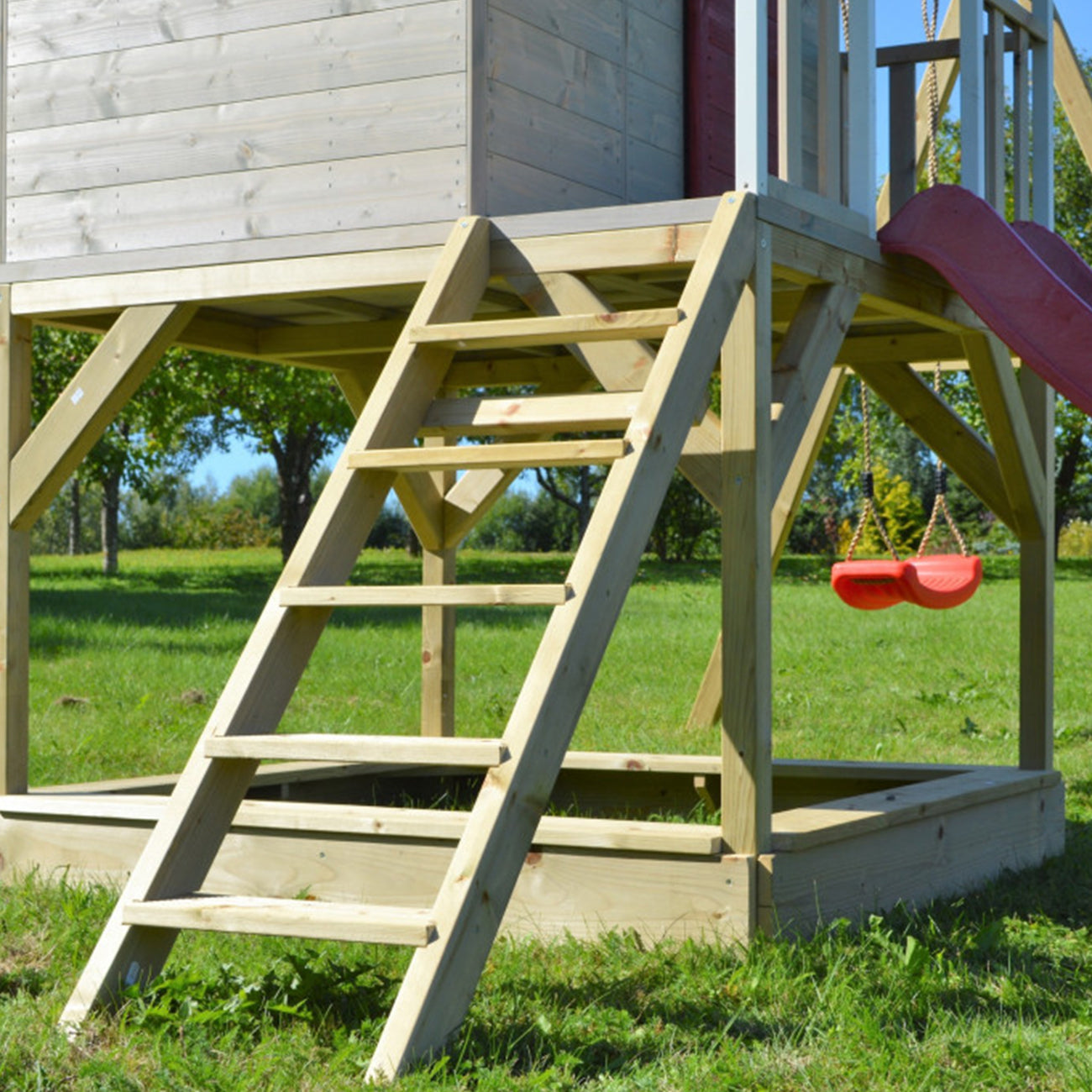 Casuta de gradina pentru copii, Nordic Adventure House cu platforma, loc pentru nisip, tobogan si leagan dublu, +3ani, Wendi Toys
