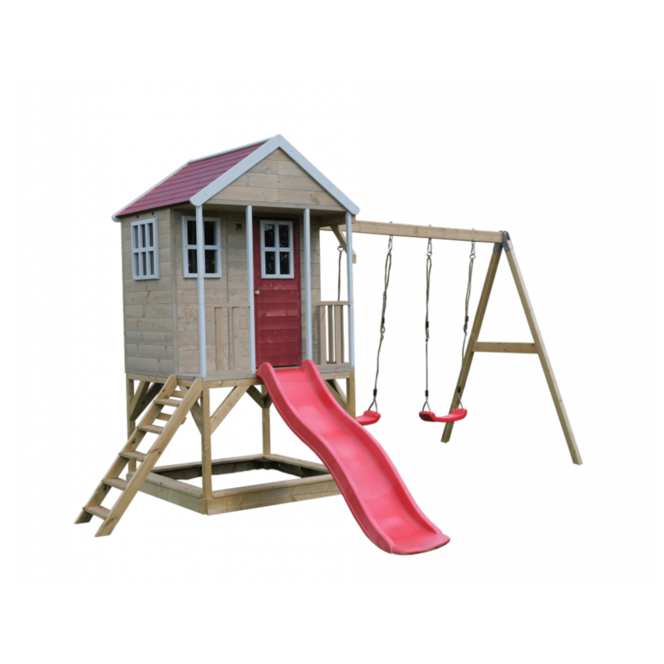 Casuta de gradina pentru copii, Nordic Adventure House cu platforma, loc pentru nisip, tobogan si leagan dublu, +3ani, Wendi Toys