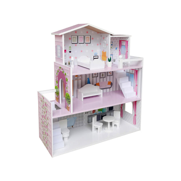 Casuta de papusi din lemn, Dimensiune mare 70 x 24 x 70 cm, Construita pe 3 niveluri cu 3 camere, Accesorizata cu mobilier, Pink, Free2Play