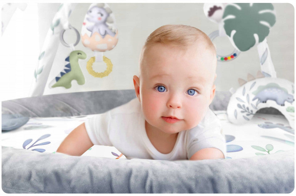 Covoras educativ pentru copii, multifunctional, pereti babynest, 7 jucarii interactive, oglinda, Dino, 97 x 78 cm, Nukido
