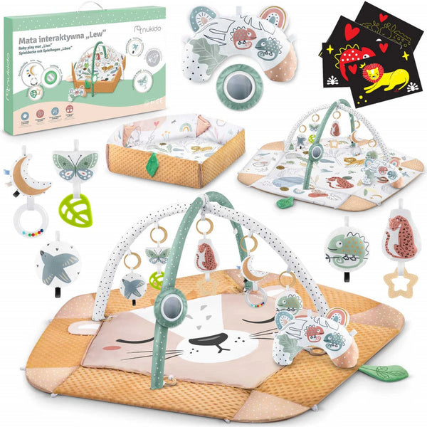 Covoras educativ pentru copii, multifunctional, pereti reglabili, 7 jucarii interactive, oglinda, 110 x 100 cm, Lion, Nukido