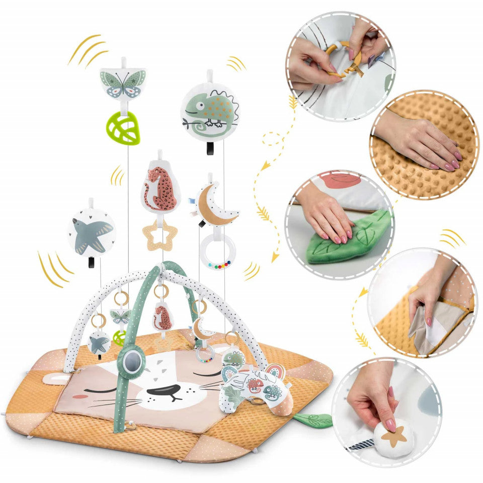 Covoras educativ pentru copii, multifunctional, pereti reglabili, 7 jucarii interactive, oglinda, 110 x 100 cm, Lion, Nukido