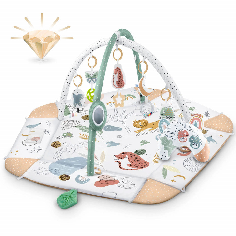 Covoras educativ pentru copii, multifunctional, pereti reglabili, 7 jucarii interactive, oglinda, 110 x 100 cm, Lion, Nukido