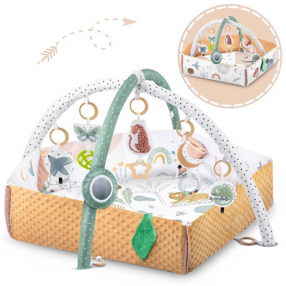 Covoras educativ pentru copii, multifunctional, pereti reglabili, 7 jucarii interactive, oglinda, 110 x 100 cm, Lion, Nukido