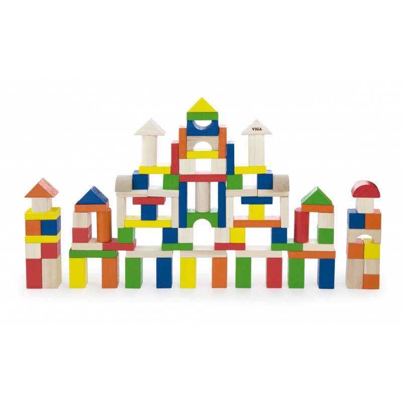 Cuburi de construit din lemn, colorate, 100 buc, +2ani, VIGA