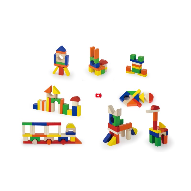 Cuburi de construit din lemn, colorate, 100 buc, +2ani, VIGA