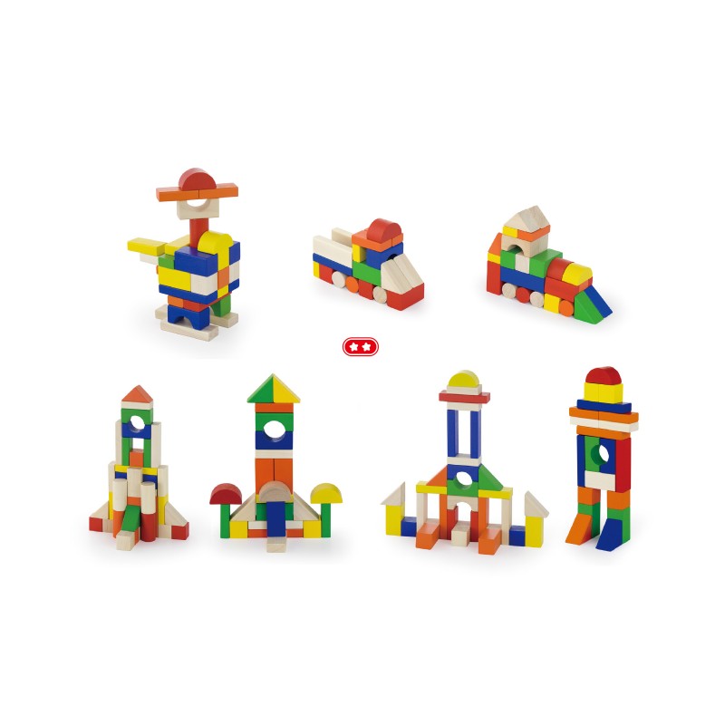 Cuburi de construit din lemn, colorate, 100 buc, +2ani, VIGA