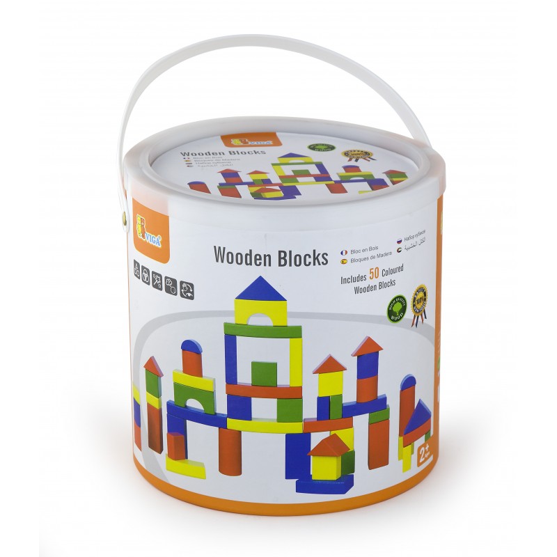 Cuburi de construit din lemn, colorate, 50 buc, +2 ani, VIGA