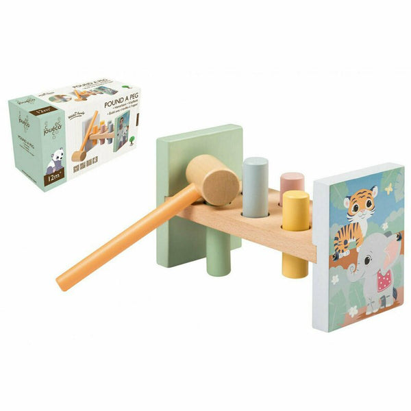 Banc de Lucru cu Ciocanel, Familia Wildies, din Lemn, 26x12 cm, 12 luni+, 10 piese, Multicolor, Joueco