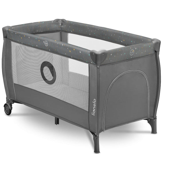 Patut pliant cu doua nivele, Stefi Plus, Cu intrare laterala cu fermoar, 2 roti, 120 x 60 cm, Conform cu standardul european de securitate EN 716, Gri/ Multicolor, Lionelo