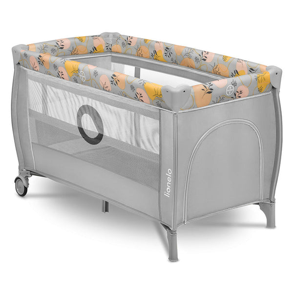 Patut pliant cu doua nivele, Stefi Plus, Cu intrare laterala cu fermoar, 2 roti, 120 x 60 cm, Conform cu standardul european de securitate EN 716, Roz/Galben, Lionelo